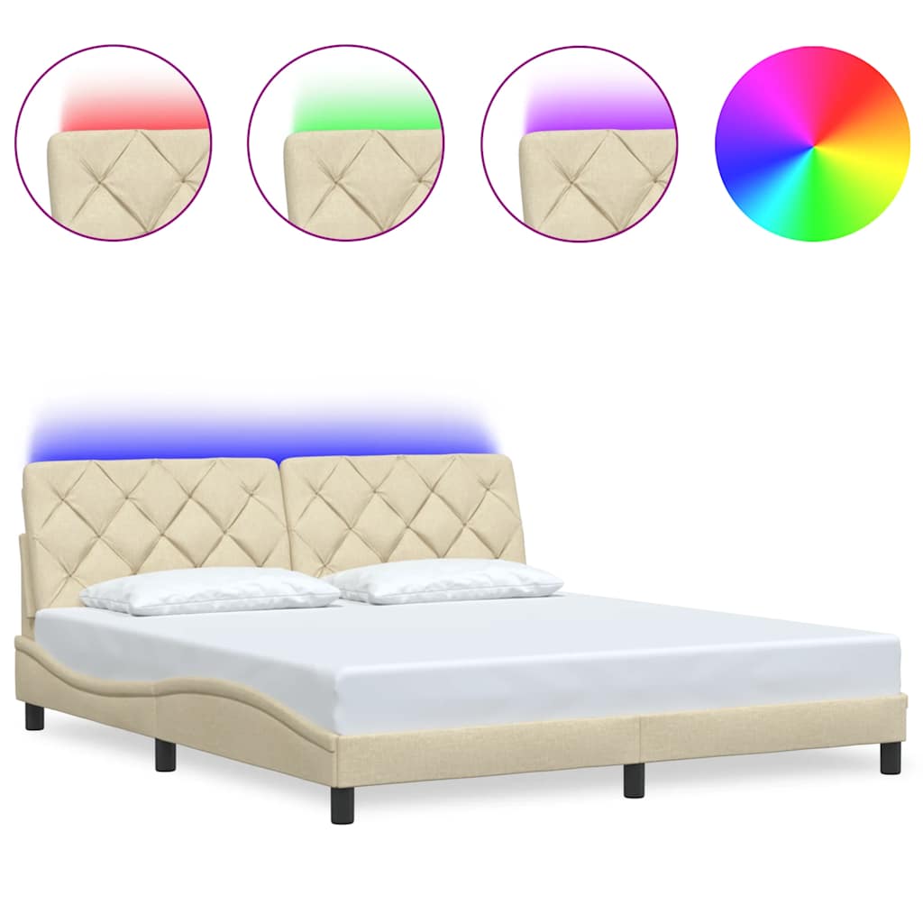 vidaXL Rama łóżka z LED bez materaca Kremowa 180x200 cm Tkanina