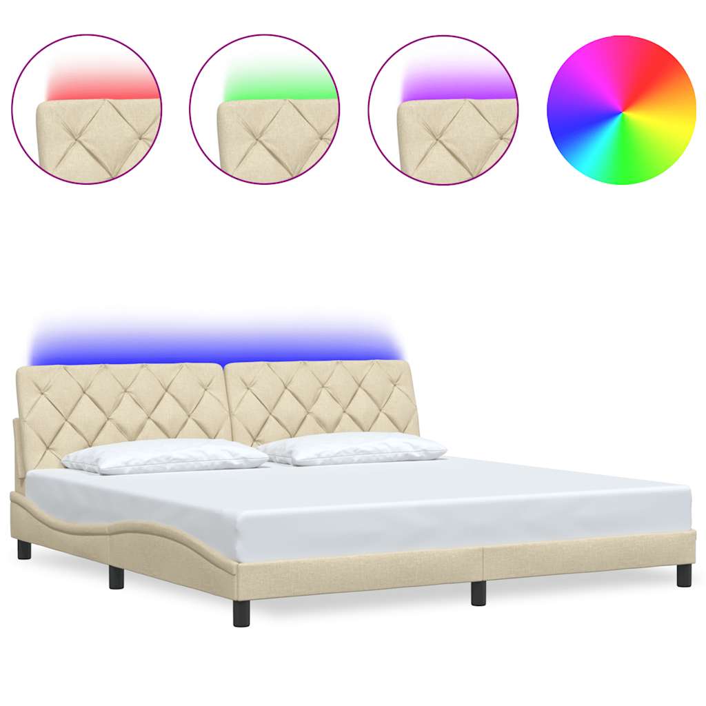vidaXL Rama łóżka z LED bez materaca Kremowa 200x200 cm Tkanina