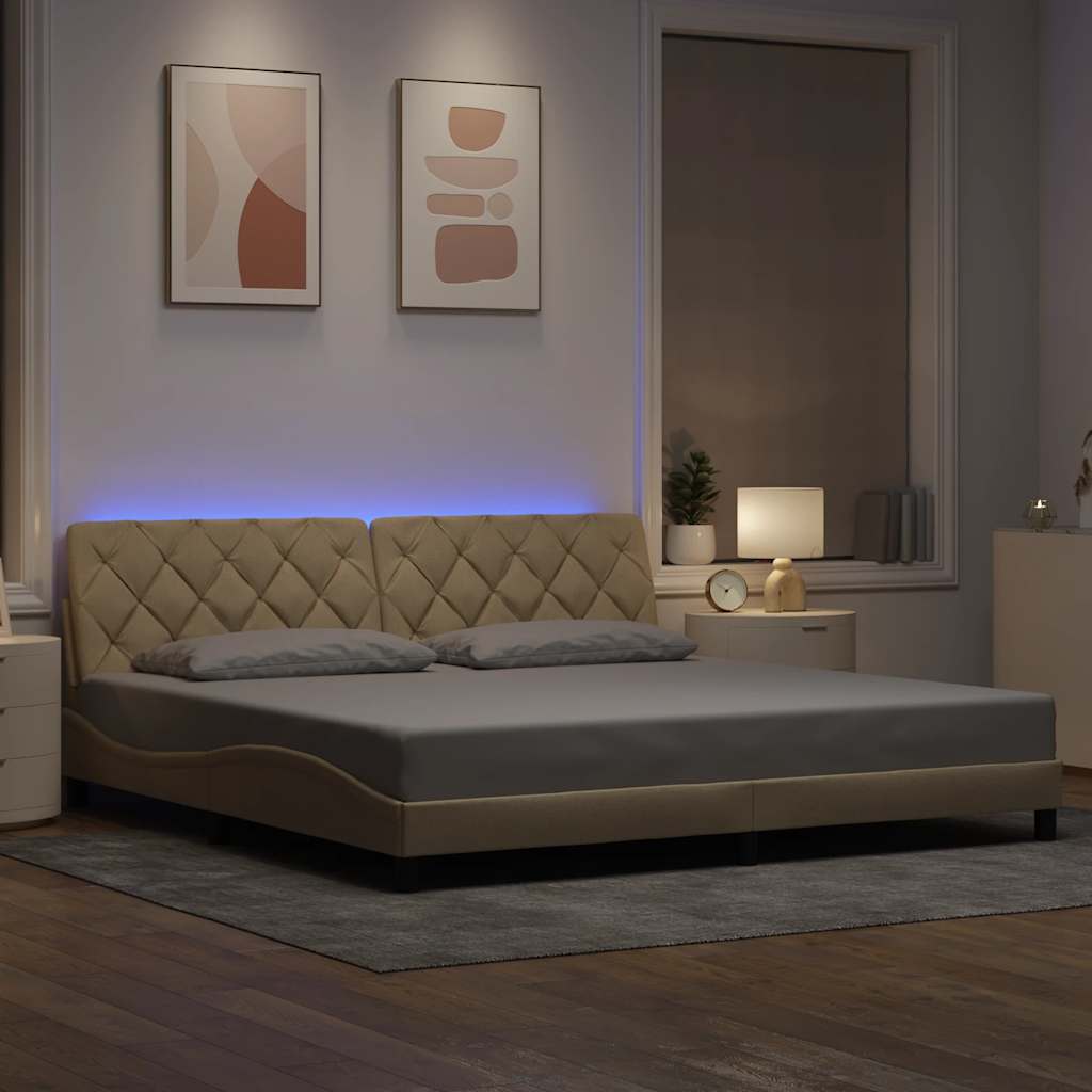vidaXL Rama łóżka z LED bez materaca Kremowa 200x200 cm Tkanina