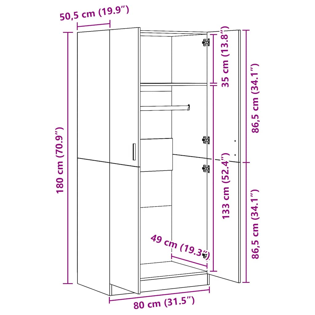 vidaXL Szafa, stare drewno, 80x52x180 cm, materiał drewnopochodny