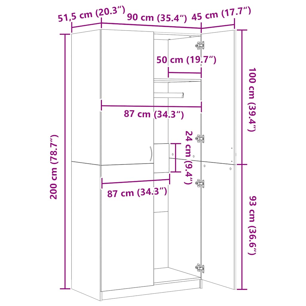 vidaXL Szafa, stare drewno, 90x52x200 cm, materiał drewnopochodny