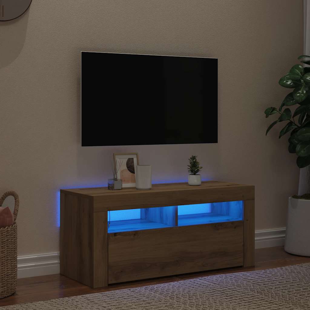 vidaXL Szafka pod TV z oświetleniem LED, dąb artisan, 90x35x40 cm