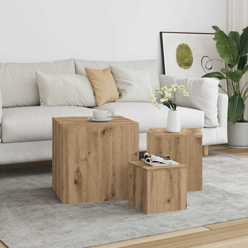vidaXL Stoliki boczne, 3 szt., dąb artisan, materiał drewnopochodny
