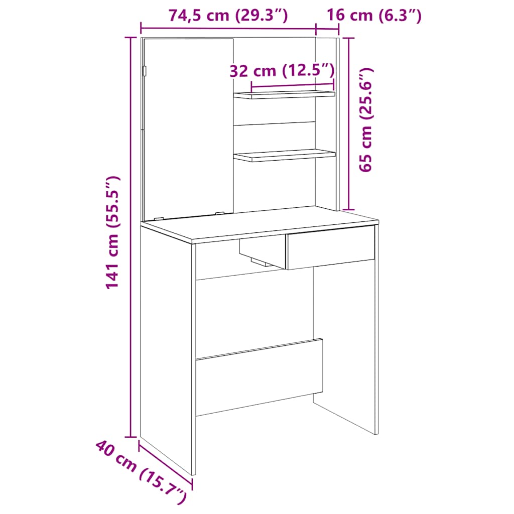 vidaXL Toaletka z lustrem, stare drewno, 74,5x40x141 cm