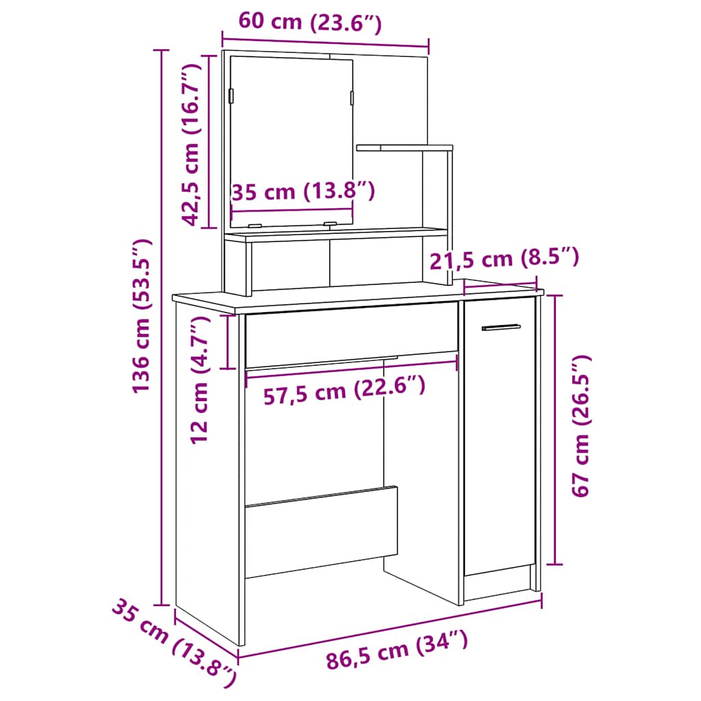 vidaXL Toaletka z lustrem Stare drewno 86,5x35x136 cm