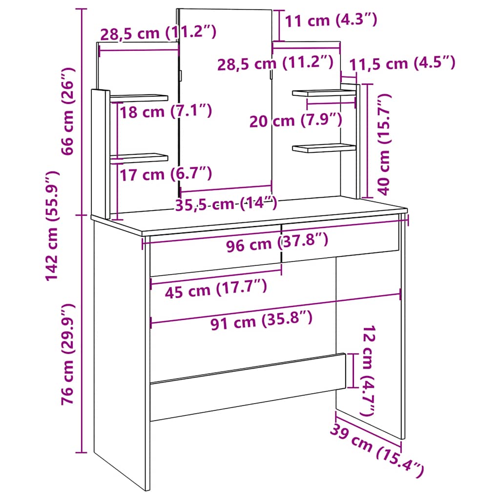 vidaXL Toaletka z lustrem, stare drewno, 96x39x142 cm