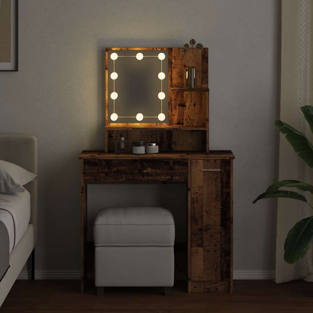 vidaXL Toaletka z oświetleniem LED, stare drewno, 86,5x35x136 cm
