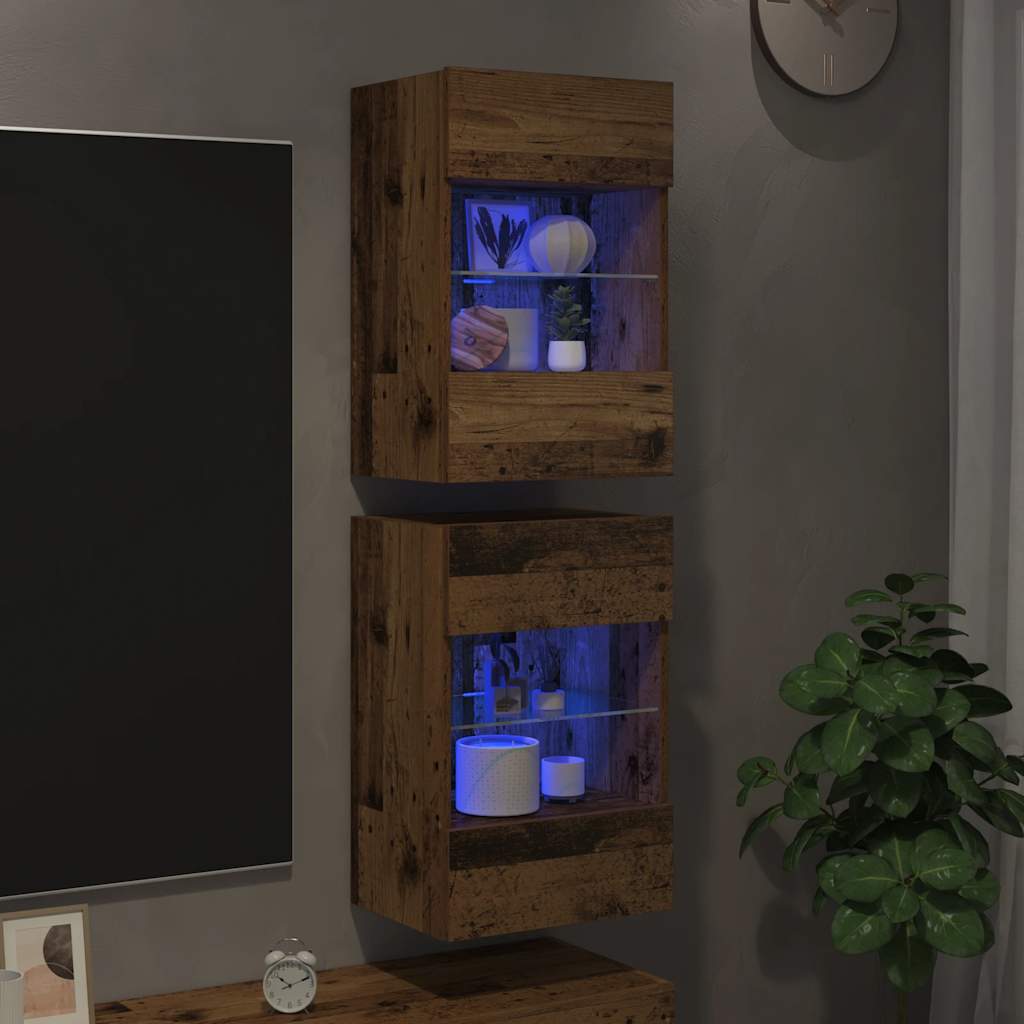 vidaXL Szafki wiszące z oświetleniem LED do telewizora, 2 szt., stare drewno, 40x30x60,5 cm