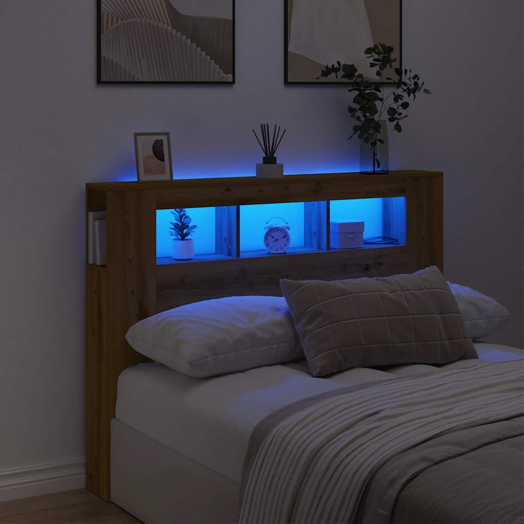 vidaXL Wezgłowie łóżka z LED, dąb artisan, 140x18,5x103,5 cm