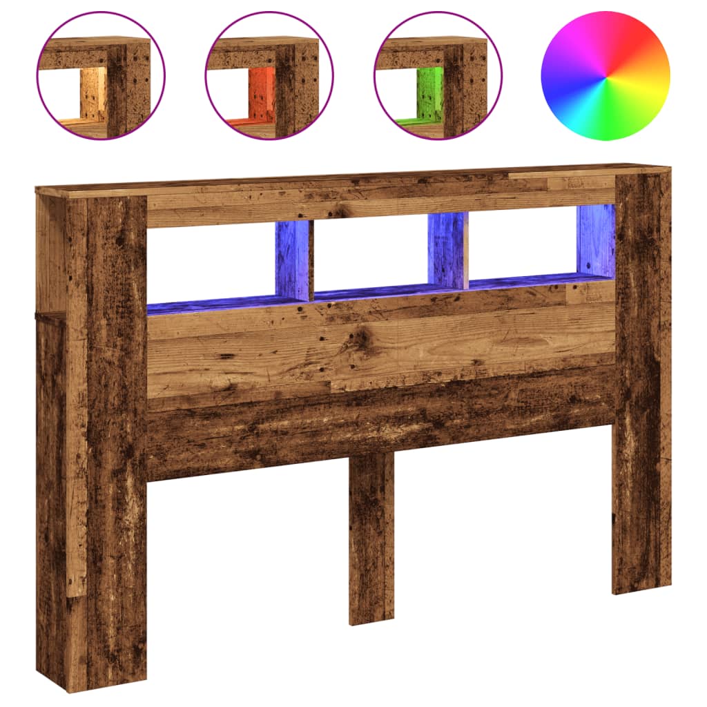 vidaXL Wezgłowie łóżka z LED, stare drewno, 160x18,5x103,5 cm