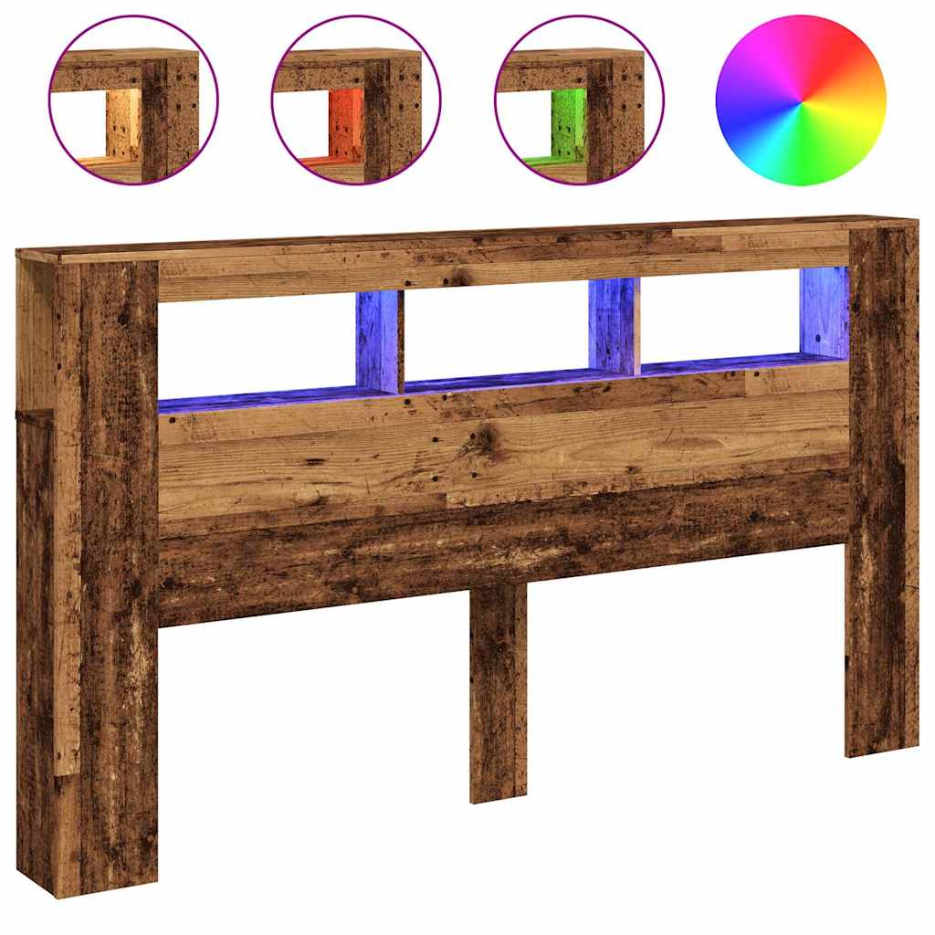 vidaXL Wezgłowie łóżka z LED, stare drewno, 180x18,5x103,5 cm