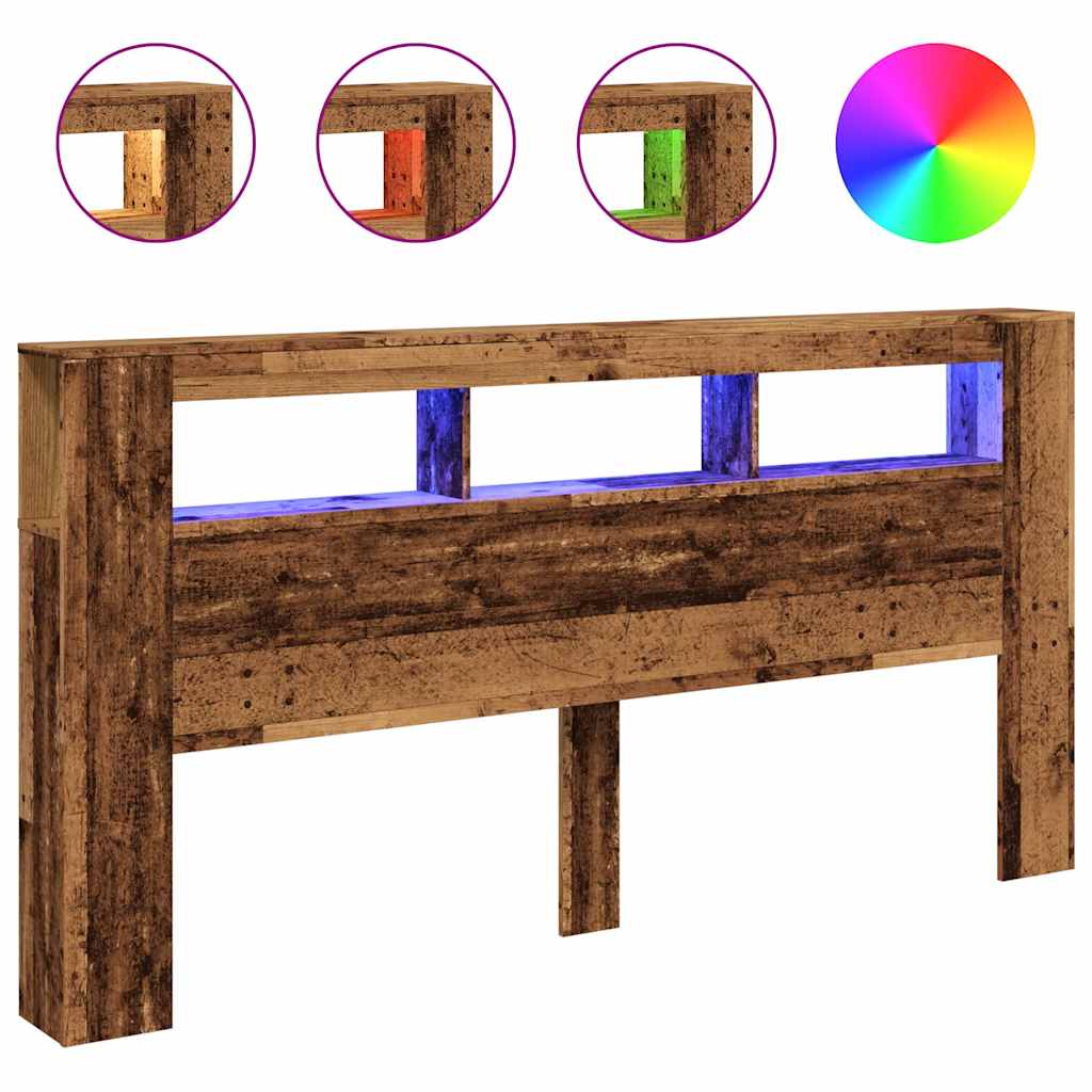 vidaXL Wezgłowie łóżka z LED, stare drewno, 200x18,5x103,5 cm