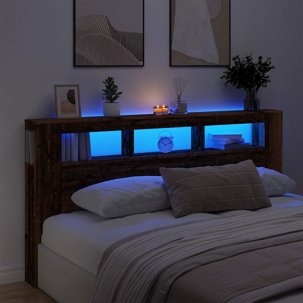 vidaXL Wezgłowie łóżka z LED, stare drewno, 200x18,5x103,5 cm