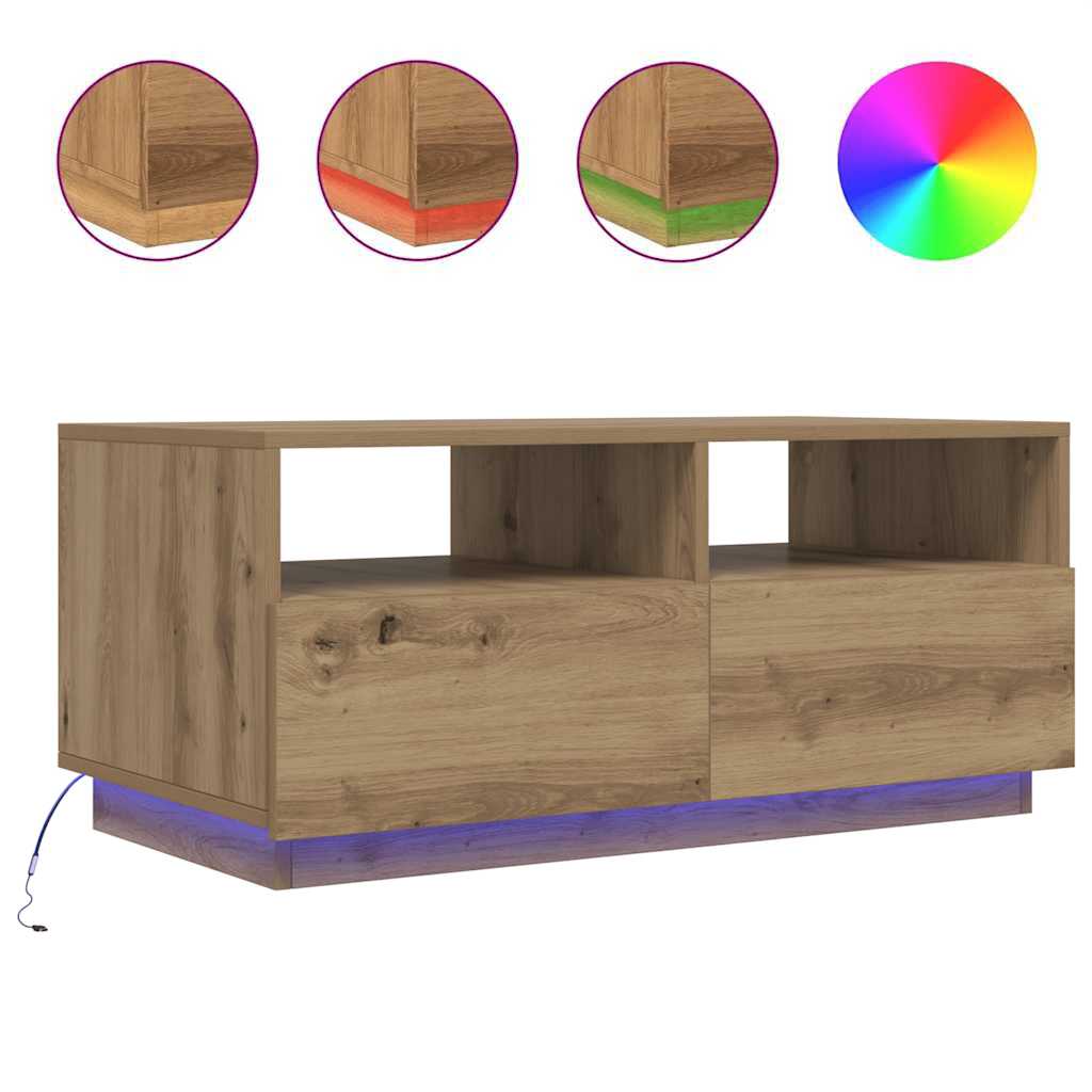 vidaXL Stolik kawowy z oświetleniem LED, dąb artisan, 90x49x40 cm