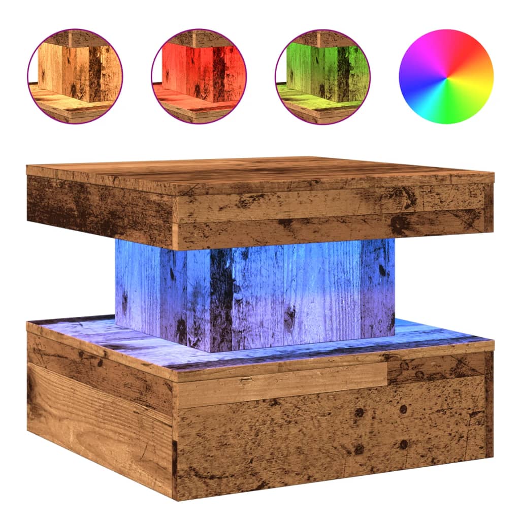vidaXL Stolik kawowy z oświetleniem LED, stare drewno, 50x50x40 cm