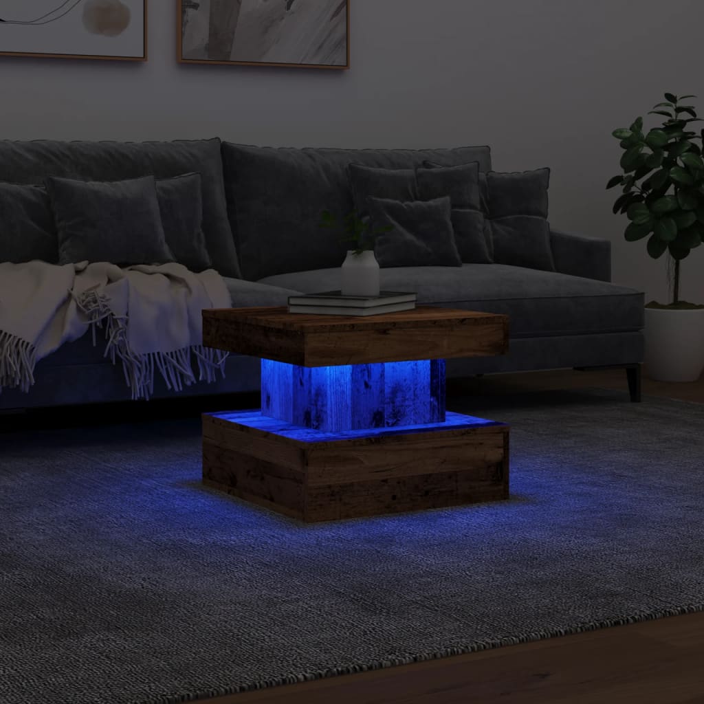 vidaXL Stolik kawowy z oświetleniem LED, stare drewno, 50x50x40 cm