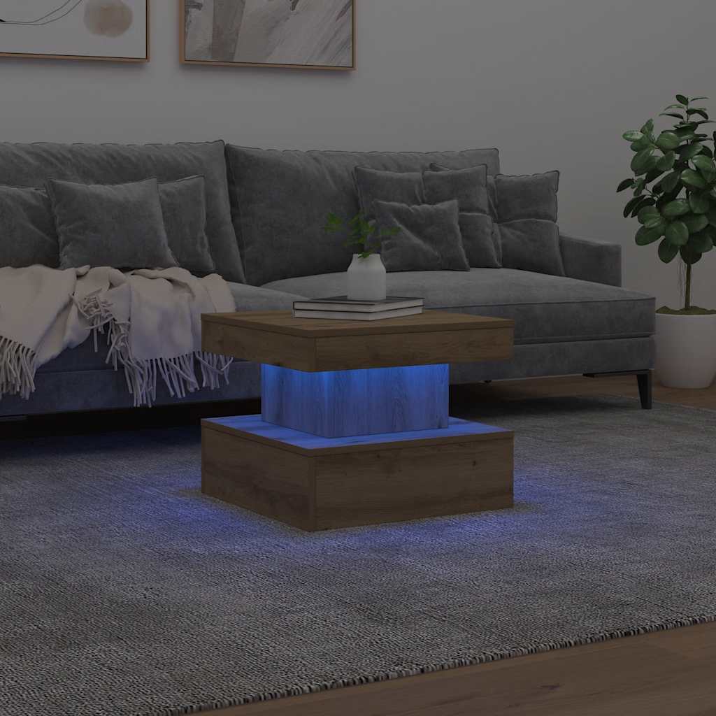 vidaXL Stolik kawowy z oświetleniem LED, dąb artisian, 50x50x40 cm