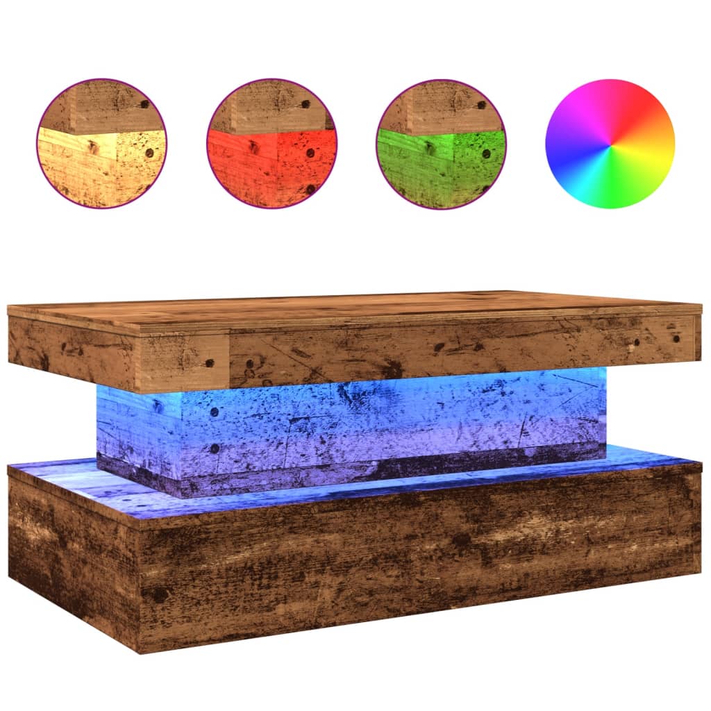 vidaXL Stolik kawowy z oświetleniem LED, stare drewno, 90x50x40 cm
