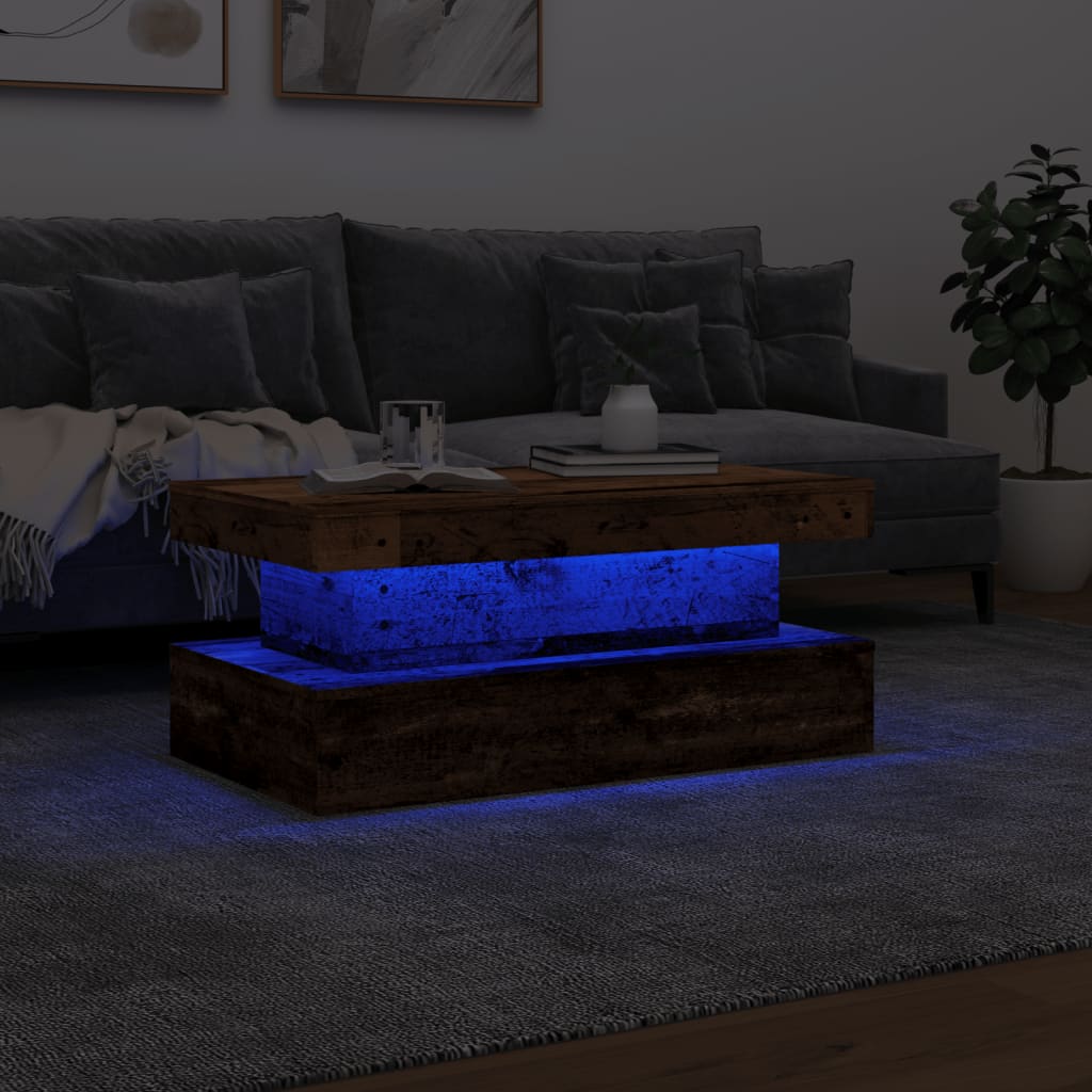 vidaXL Stolik kawowy z oświetleniem LED, stare drewno, 90x50x40 cm