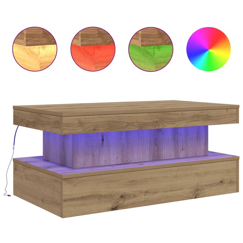 vidaXL Stolik kawowy z oświetleniem LED, dąb artisian, 90x50x40 cm