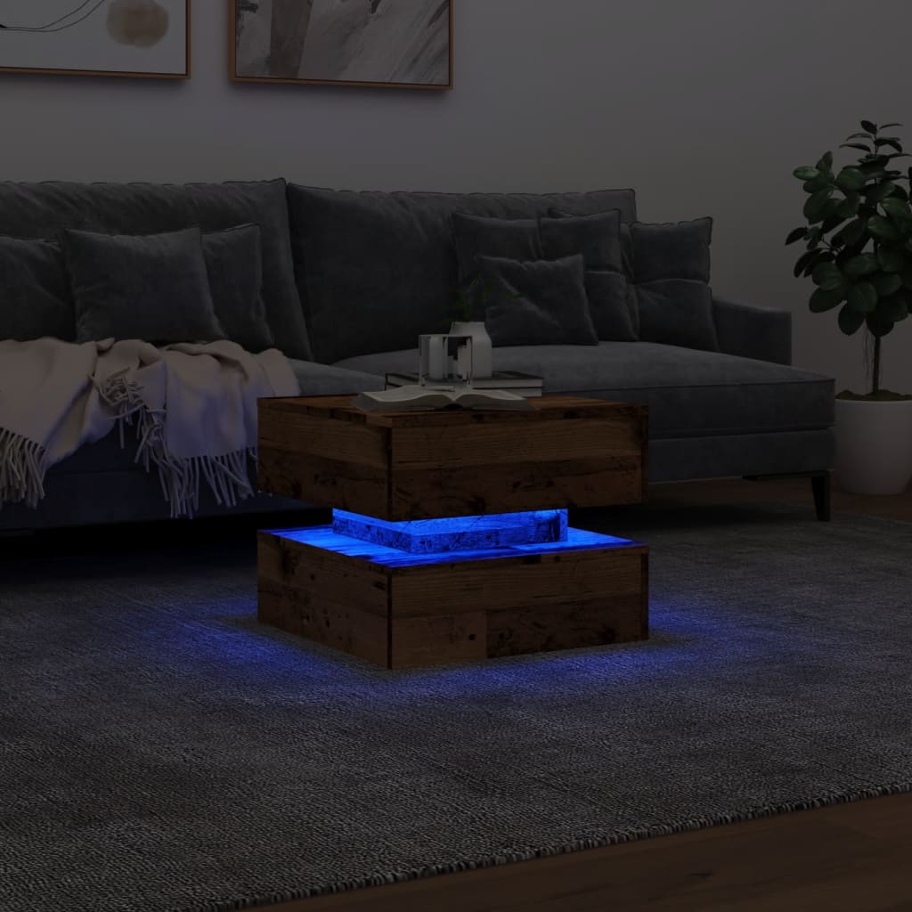 vidaXL Stolik kawowy z oświetleniem LED, stare drewno, 50x50x40 cm