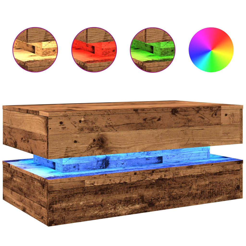 vidaXL Stolik kawowy z oświetleniem LED, stare drewno, 90x50x40 cm