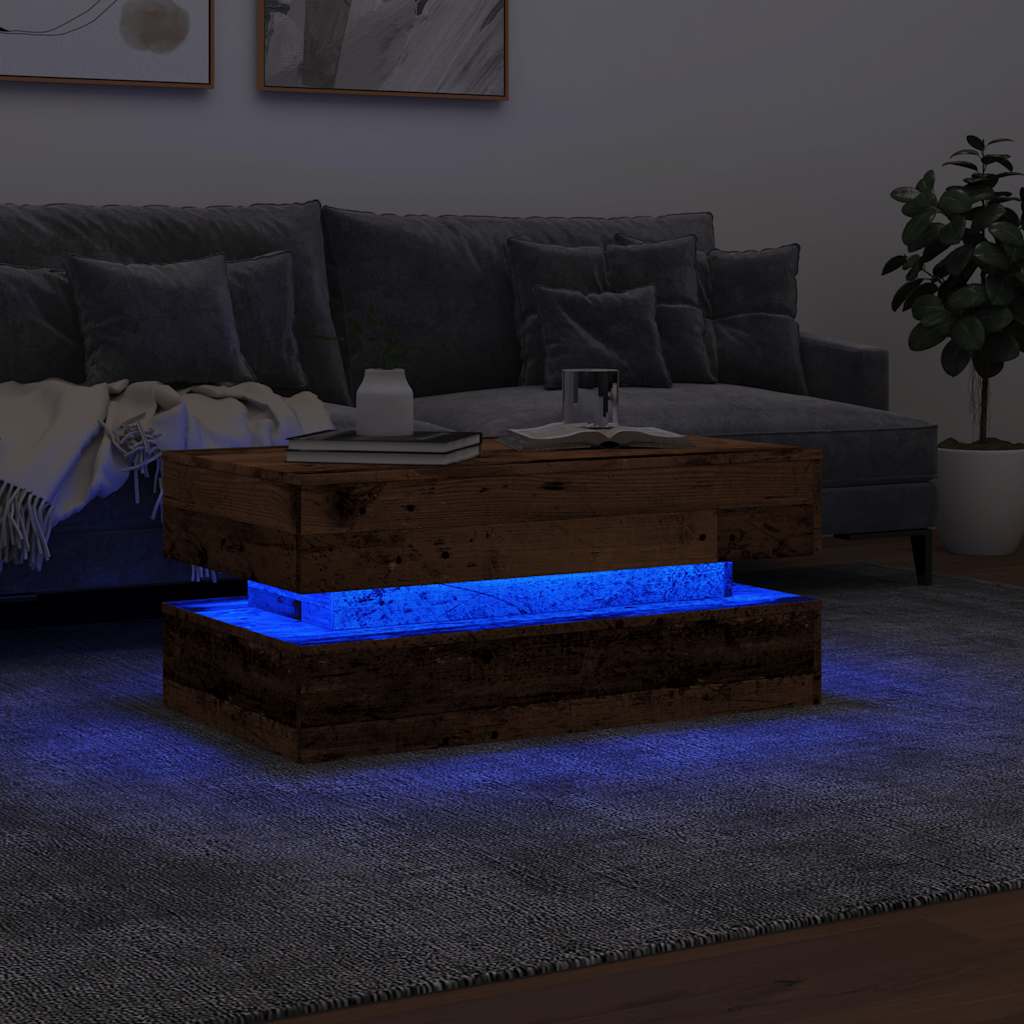 vidaXL Stolik kawowy z oświetleniem LED, stare drewno, 90x50x40 cm