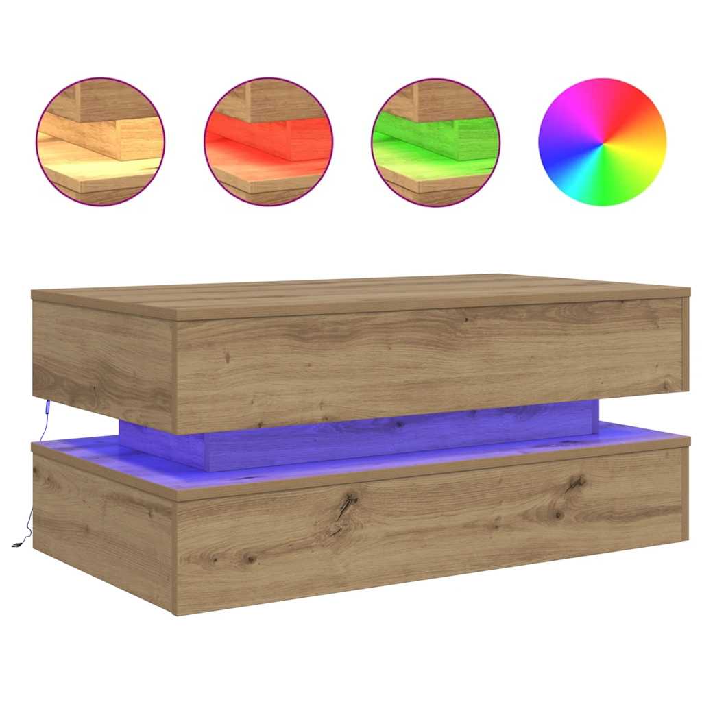 vidaXL Stolik kawowy z oświetleniem LED, dąb artisian, 90x50x40 cm