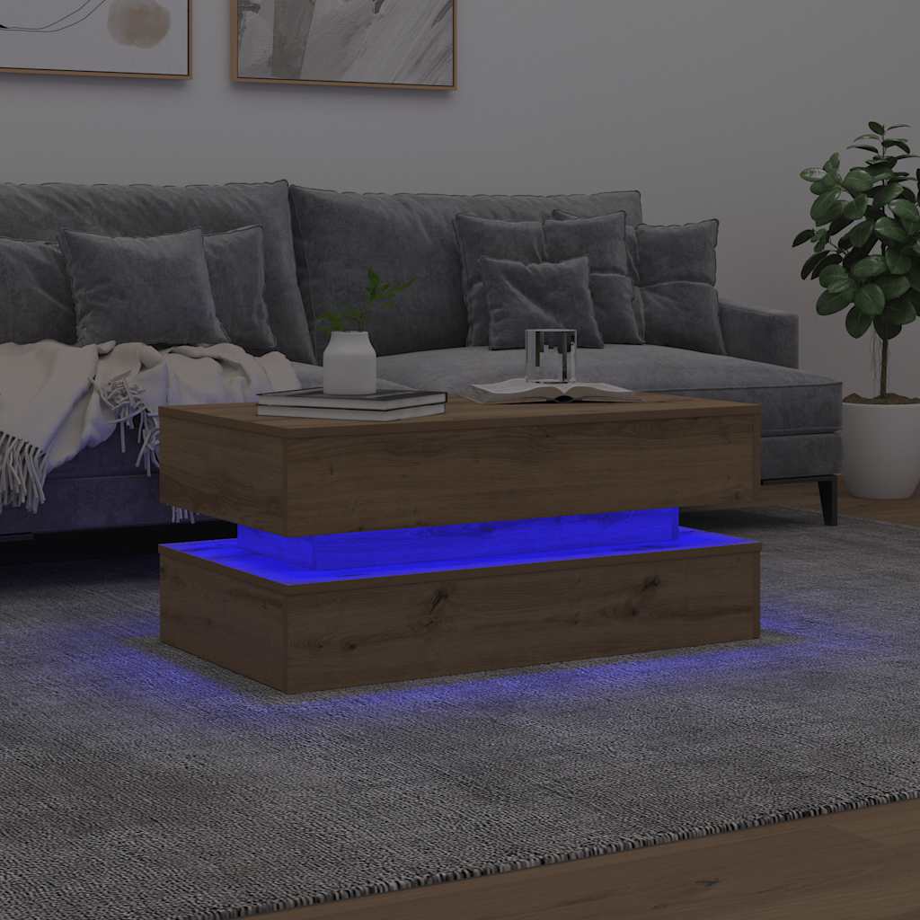 vidaXL Stolik kawowy z oświetleniem LED, dąb artisian, 90x50x40 cm