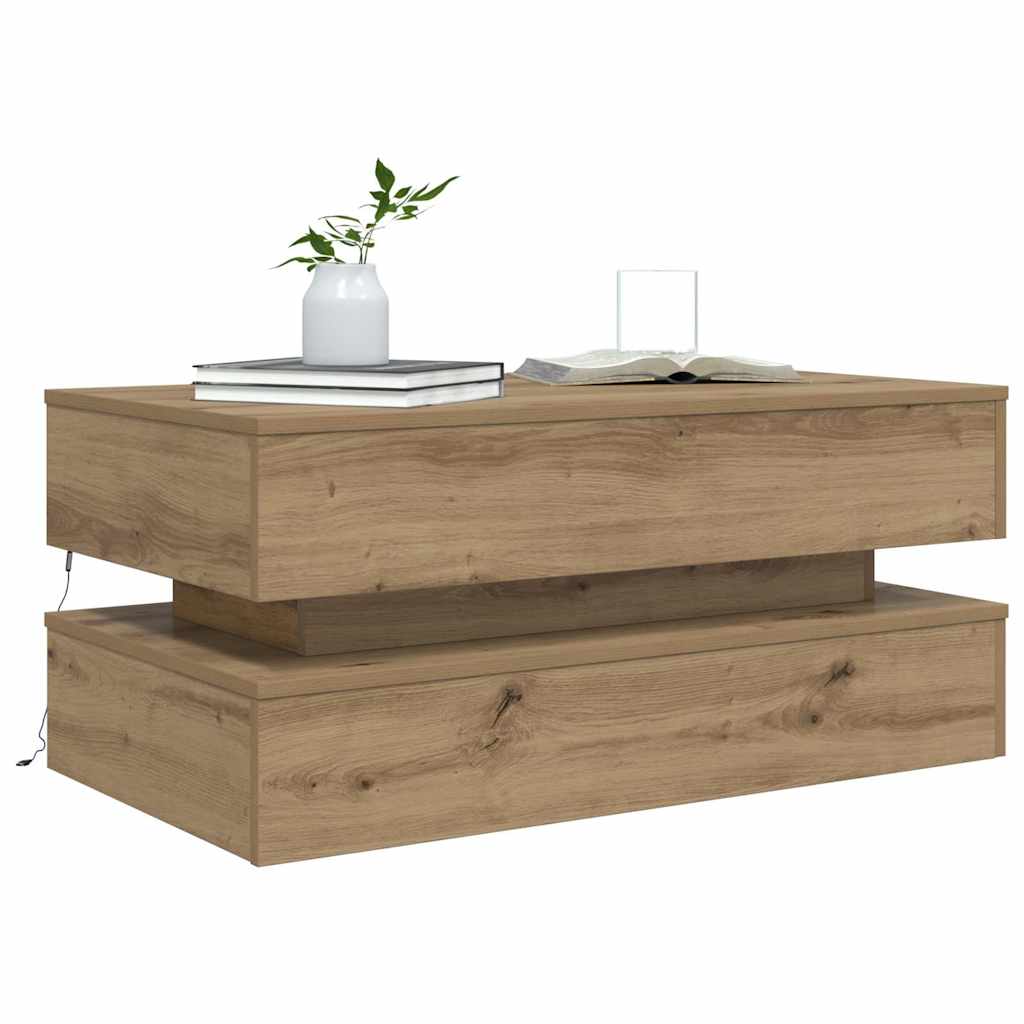 vidaXL Stolik kawowy z oświetleniem LED, dąb artisian, 90x50x40 cm