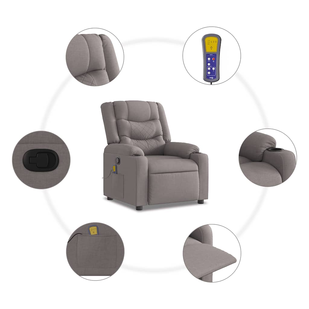 vidaXL Rozkładany fotel masujący, taupe, obity tkaniną