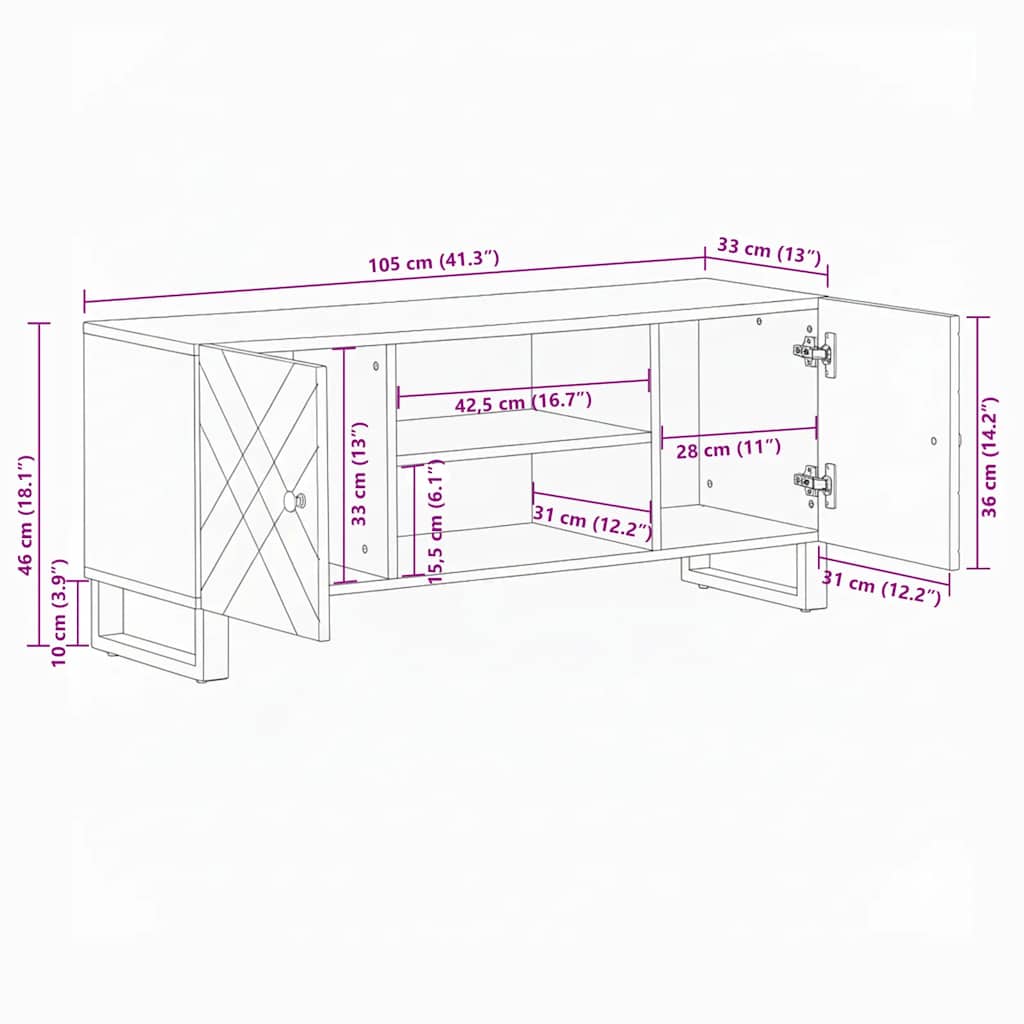 vidaXL Szafka pod telewizor, czarna, 105x33x46 cm, lite drewno mango