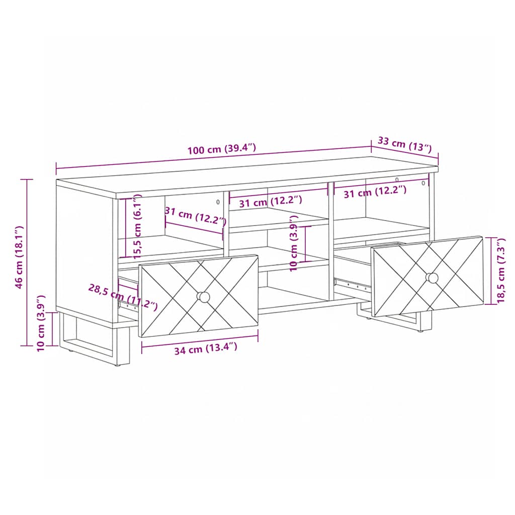 vidaXL Szafka pod telewizor, czarna, 100x33x46 cm, lite drewno mango