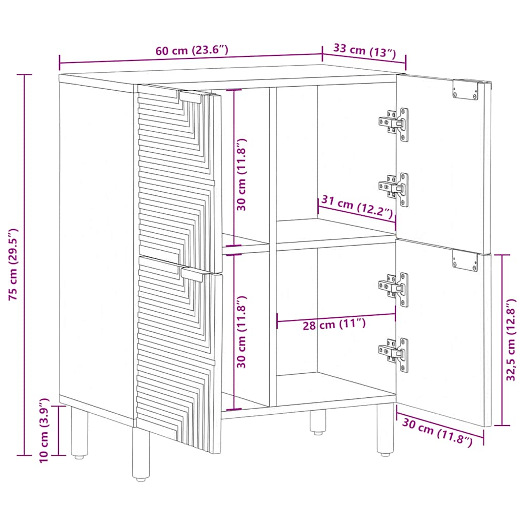vidaXL Komoda Brązowa 60x33x75 cm Drewno lite Mango