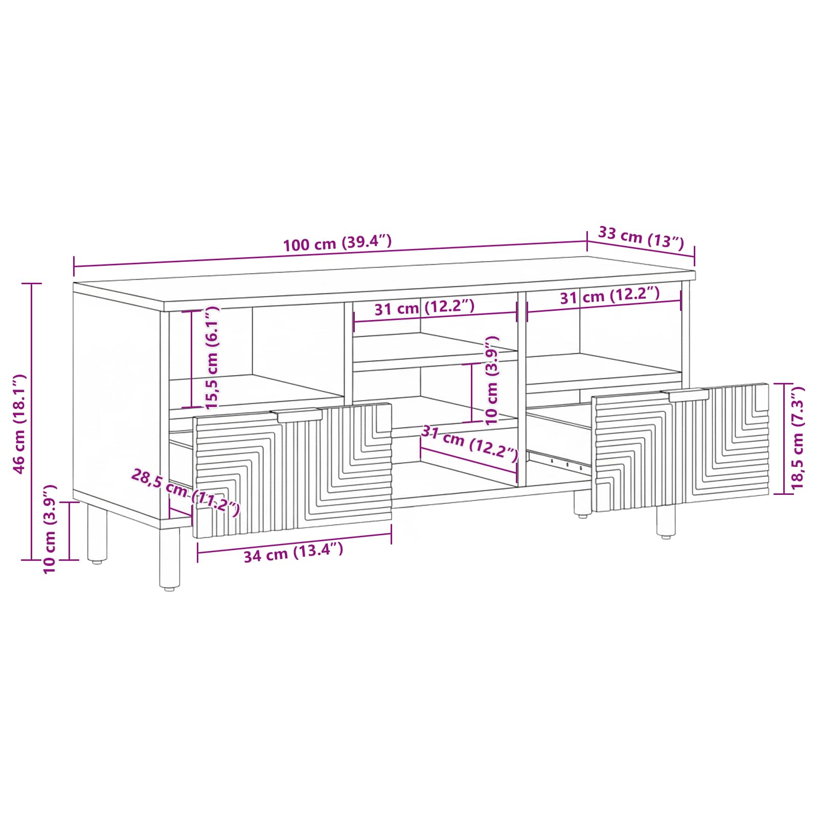 vidaXL Szafka pod telewizor brązowy 100 x 33,5 x 46 cm Drewno z mango