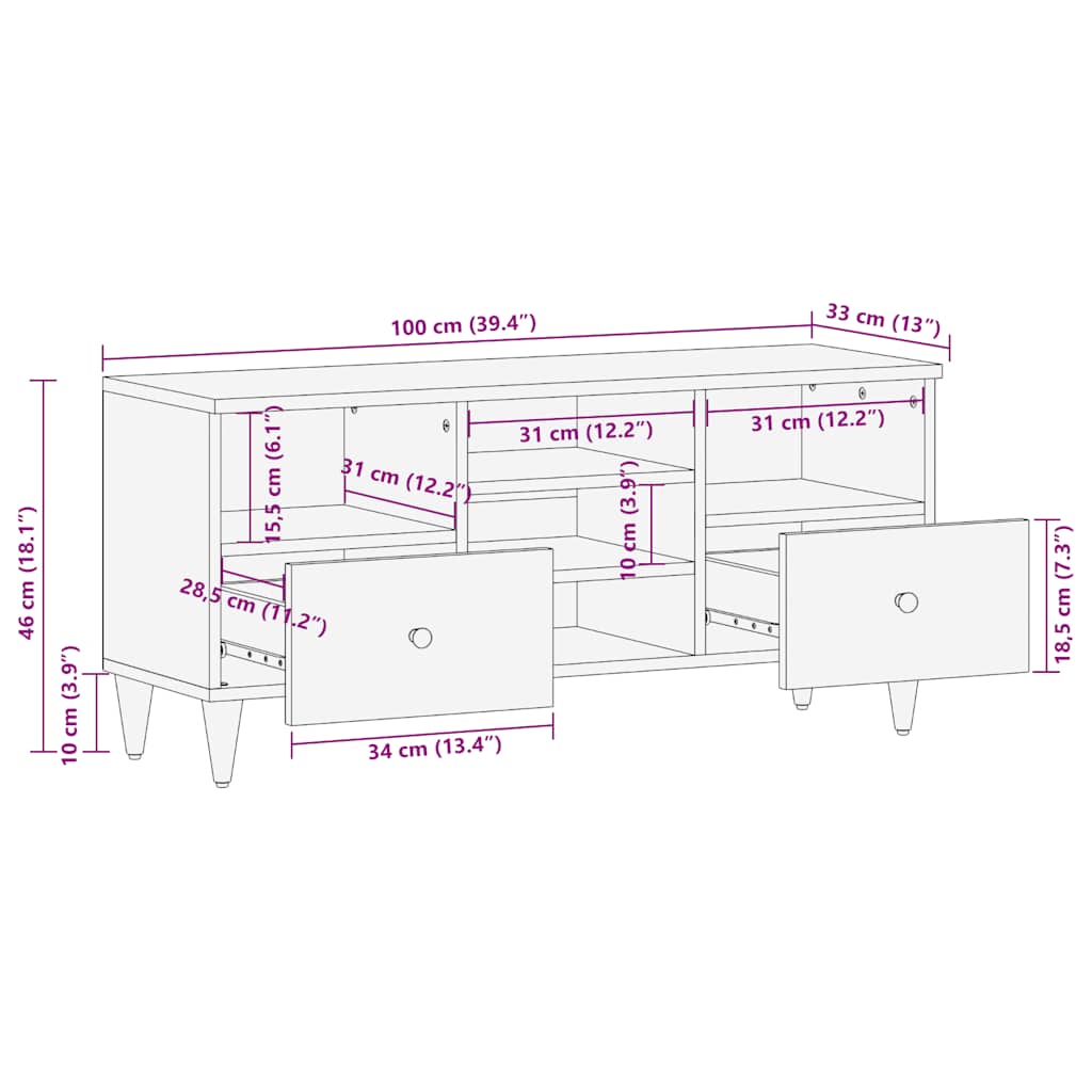 vidaXL Szafka pod telewizor, czarna, 100x33x46 cm, lite drewno mango
