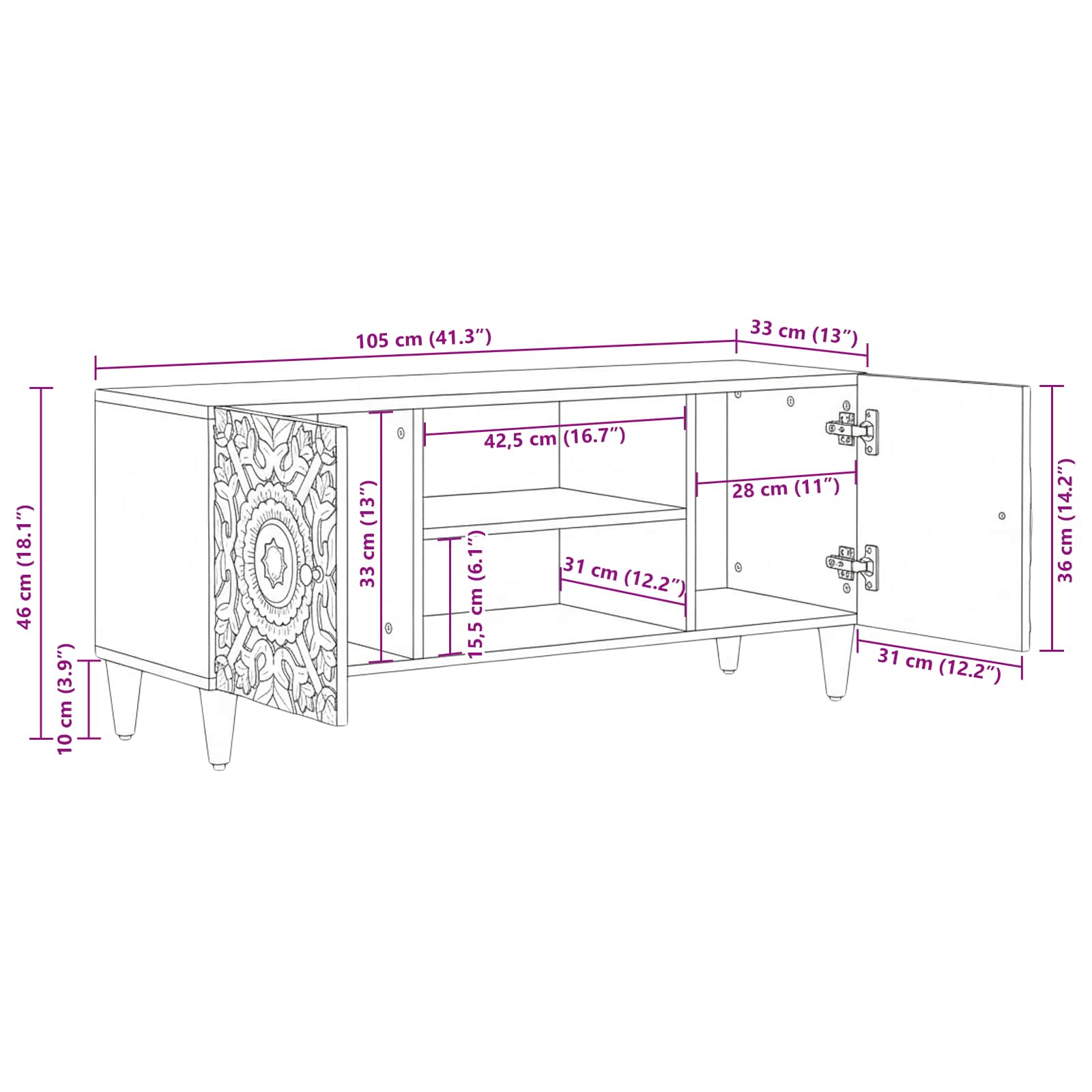 vidaXL Szafka pod telewizor Brązowy 105 x 33,5 x 46 cm Drewno z mango