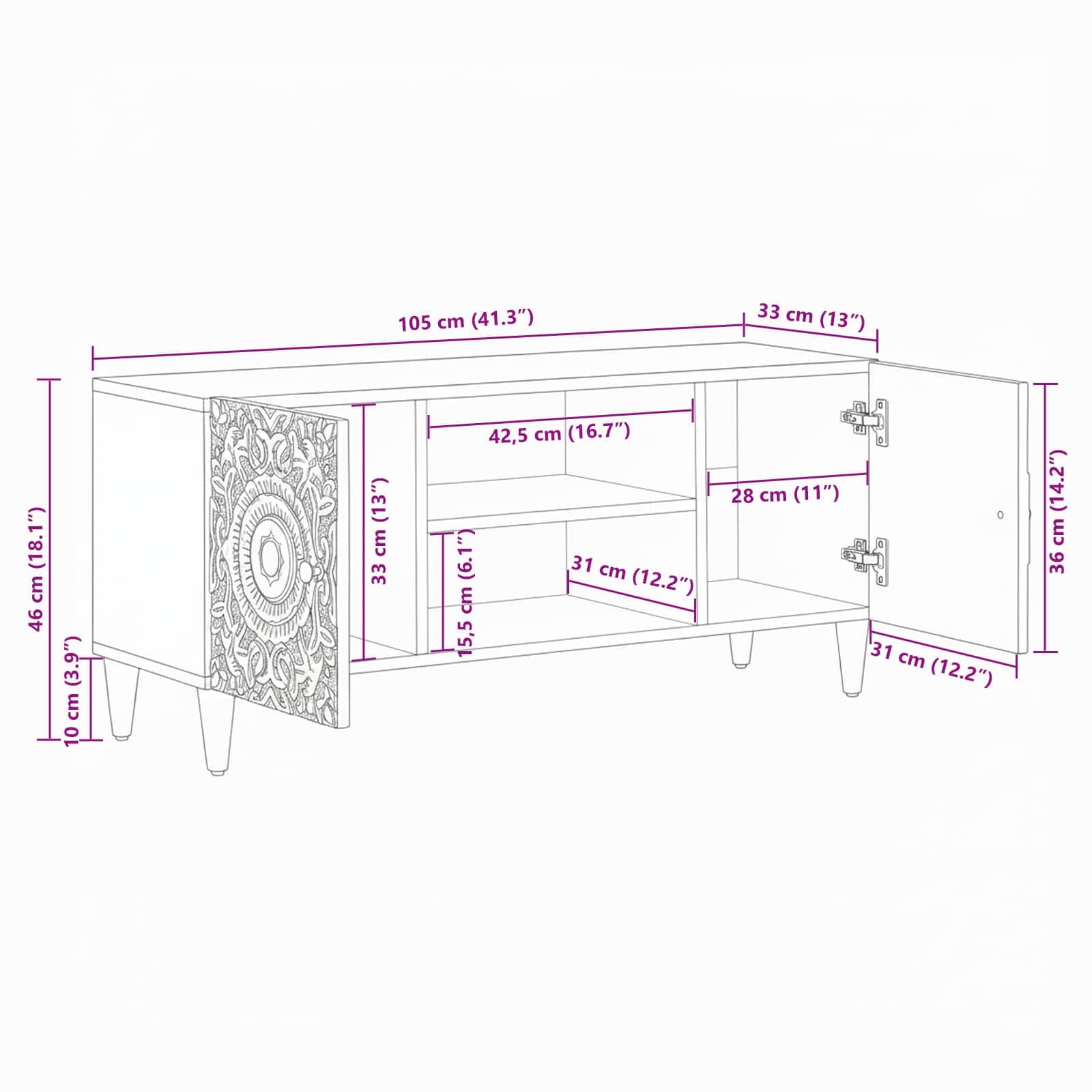vidaXL Szafka pod telewizor Biały 105 x 33,5 x 46 cm Drewno z mango