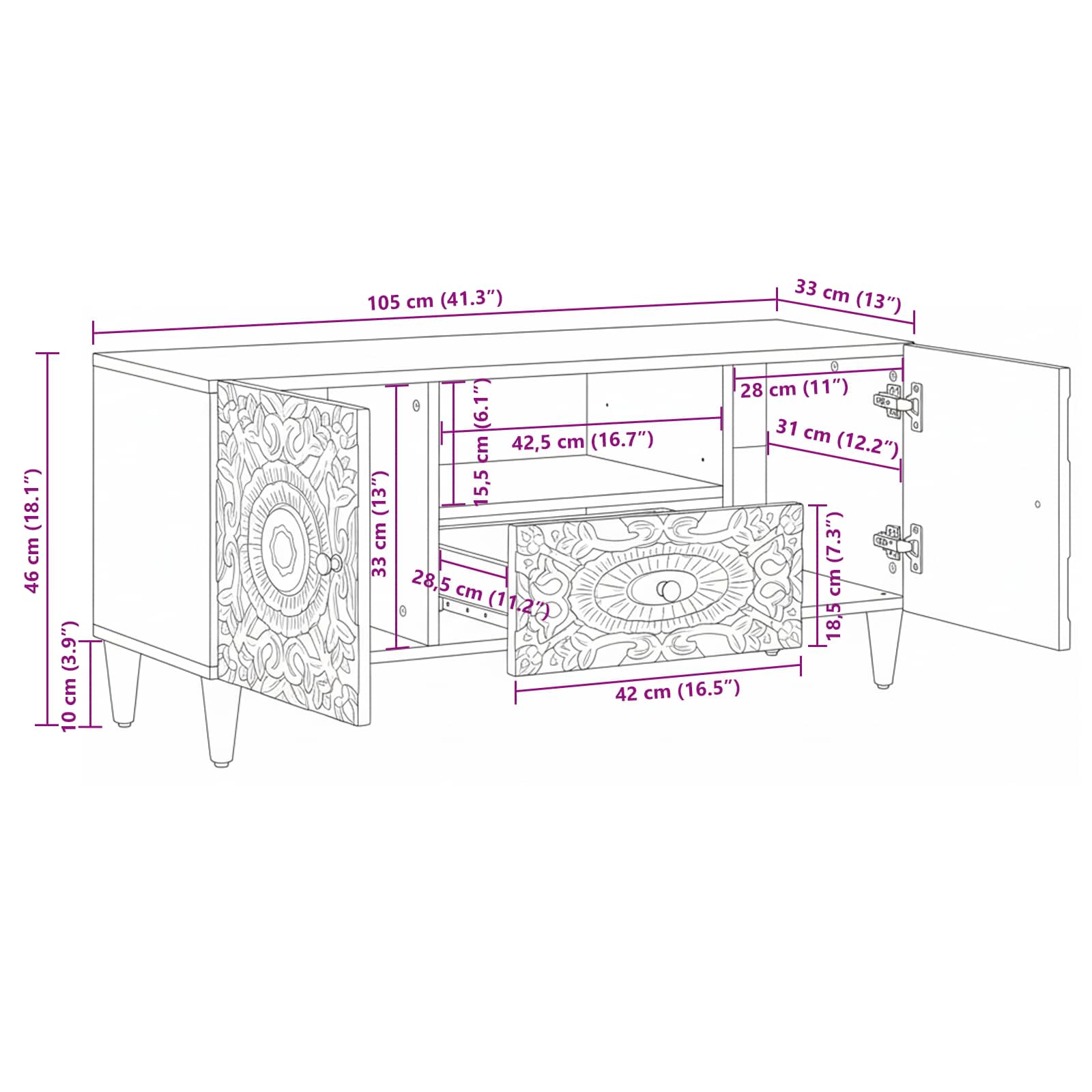 vidaXL Szafka pod telewizor Biały 105 x 33,5 x 46 cm Drewno z mango