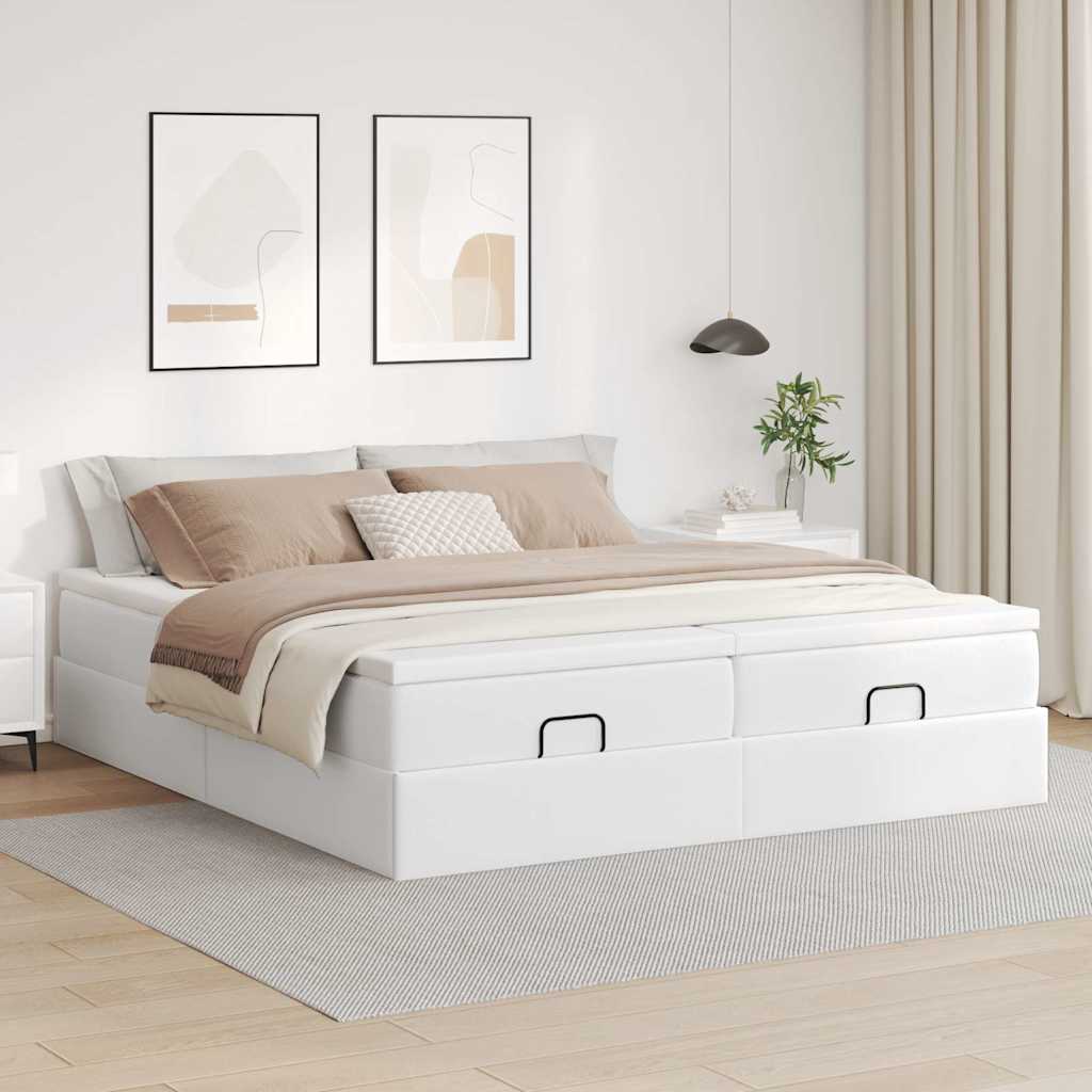 vidaXL Rama łóżka otomana z materacami, biała, 160x200 cm, ekoskóra