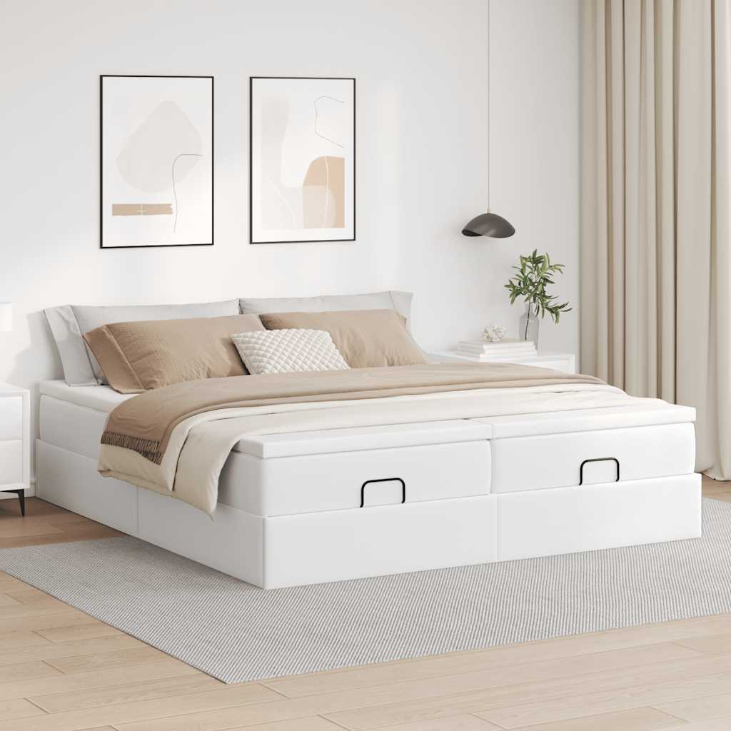 vidaXL Rama łóżka otomana z materacami, biała, 180x200 cm, ekoskóra