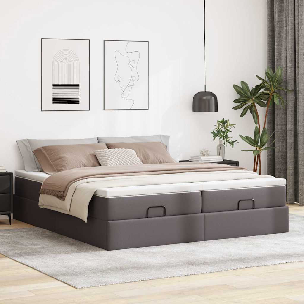 vidaXL Rama łóżka otomana z materacami, szara, 200x200 cm, ekoskóra