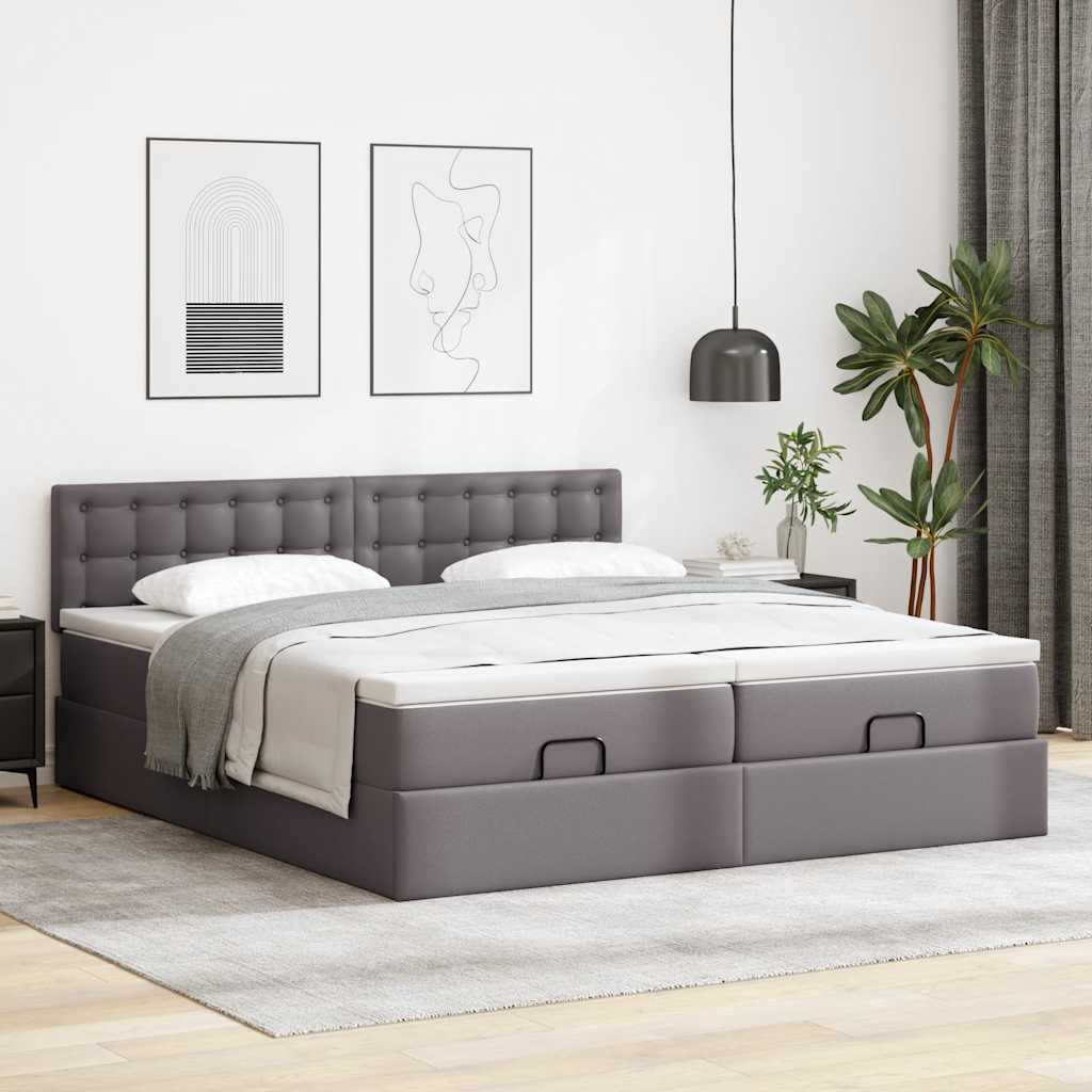 vidaXL Rama łóżka otomana z materacami, szara, 180x200 cm, ekoskóra