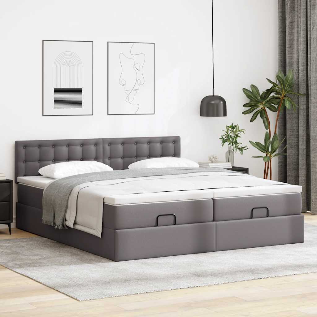 vidaXL Rama łóżka otomana z materacami, szara, 200x200 cm, ekoskóra