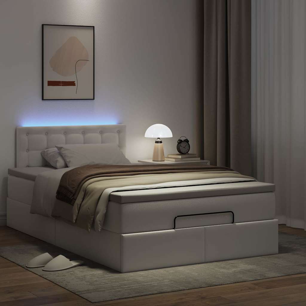 vidaXL Łóżko otomana z materacami i LED, biała, 120x190cm, ekoskóra