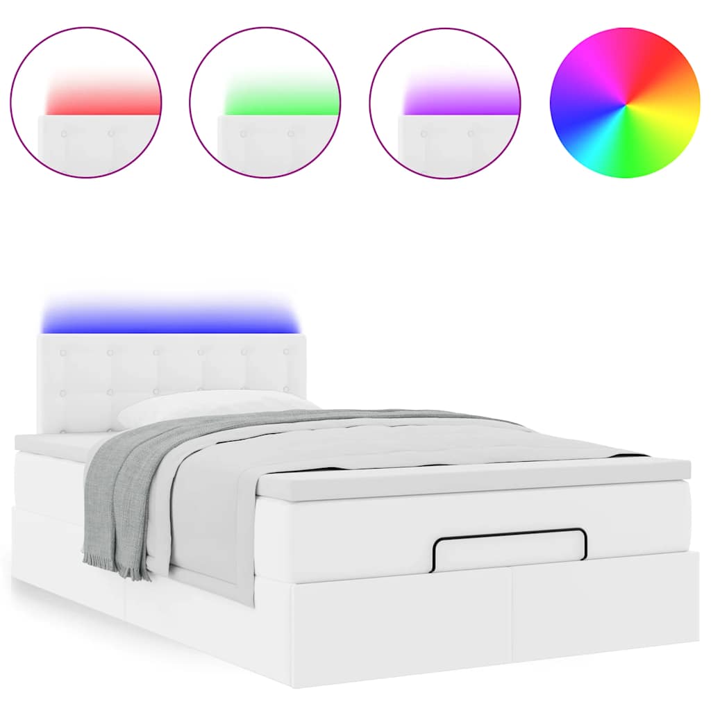 vidaXL Łóżko otomana z materacami i LED, biała, 120x190cm, ekoskóra