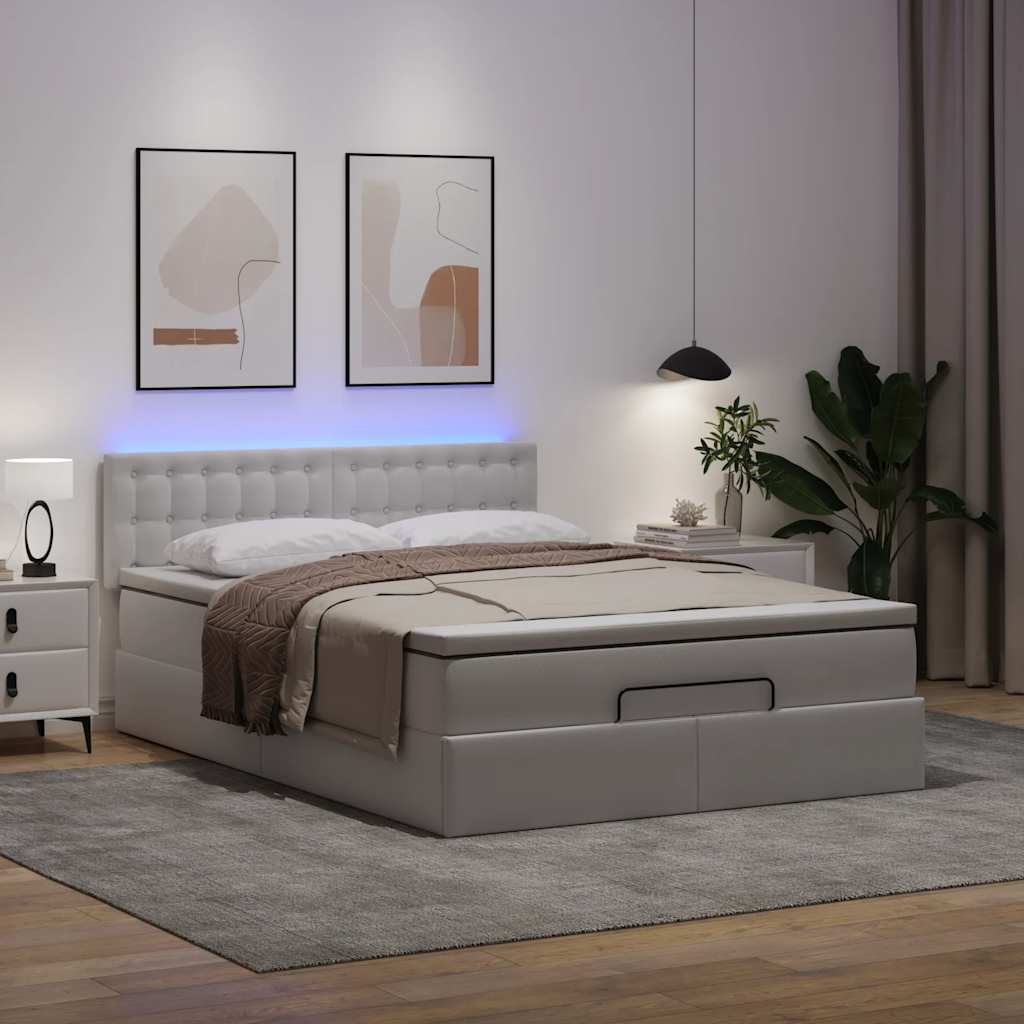 vidaXL Łóżko otomana z materacami i LED, biała, 140x190cm, ekoskóra
