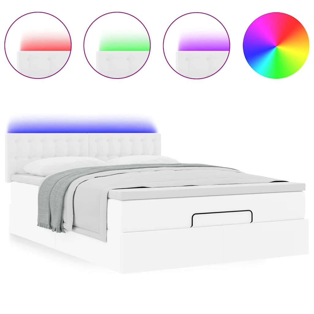vidaXL Łóżko otomana z materacami i LED, biała, 140x190cm, ekoskóra