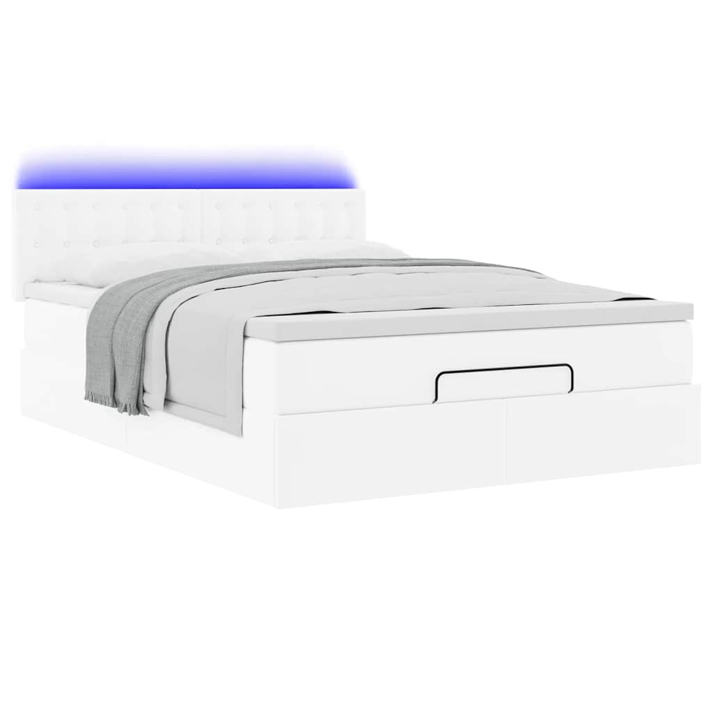 vidaXL Łóżko otomana z materacami i LED, biała, 140x190cm, ekoskóra
