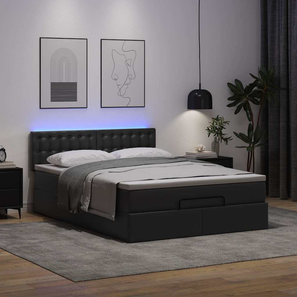 vidaXL Łóżko otomana z materacami i LED, czarna, 140x200cm, ekoskóra